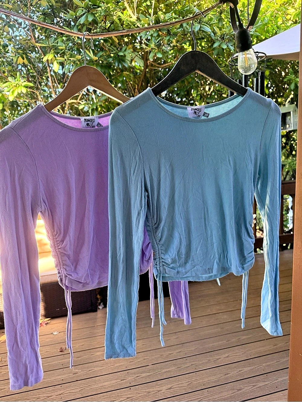 Princess Polly Ribbed Long Sleeve Ruched Side Tie Top Purple & Blue bundle XS